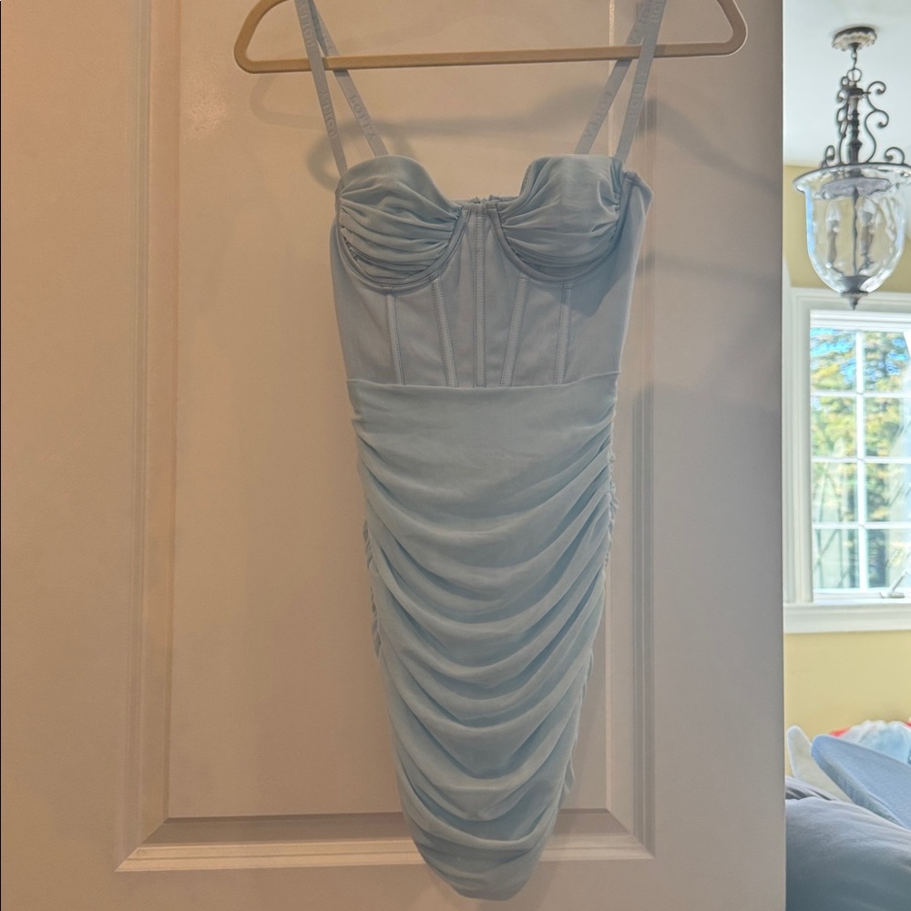 Oh Polly Light Blue Mesh Ruched Corset Dress - Picture 9 of 11